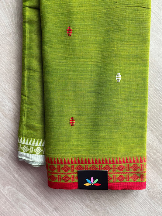 Vivid Lime Green Bengal Soft Cotton Saree (Without Blouse) - 36416