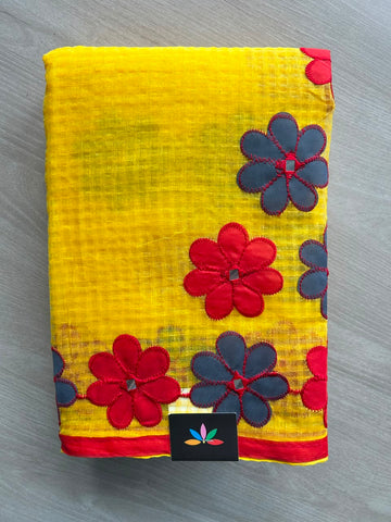 Bright Yellow Floral Applique Work Kota Checks Saree (Without blouse)-29613