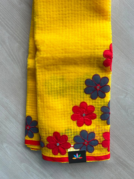 Bright Yellow Floral Applique Work Kota Checks Saree (Without blouse)-29613