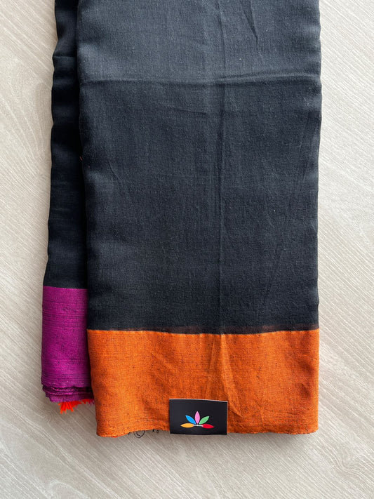 Black Contrast Border Soft Blended Cotton Saree - 36579-36580