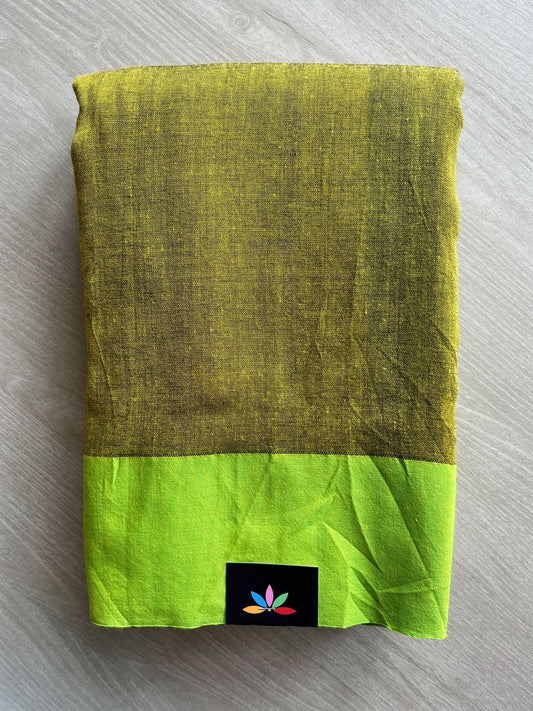 Olive Green Contrast Border Soft Blended Cotton Saree - 36581-36582