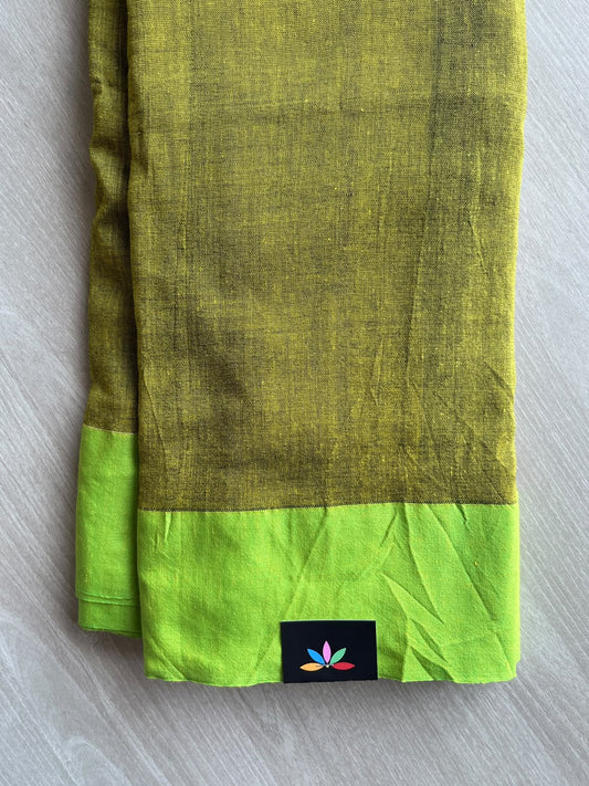 Olive Green Contrast Border Soft Blended Cotton Saree - 36581-36582