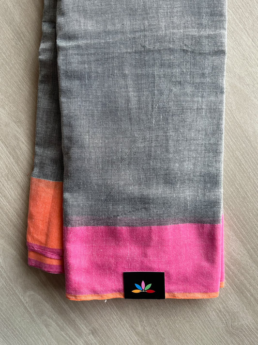 Pewter Grey Contrast Border Soft Blended Cotton Saree - 36583-36584