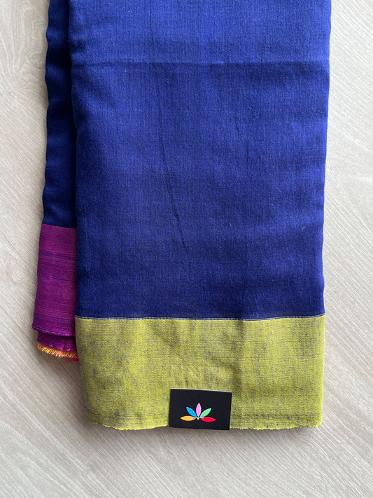 Dark Blue Contrast Border Soft Blended Cotton Saree - 36585-36586
