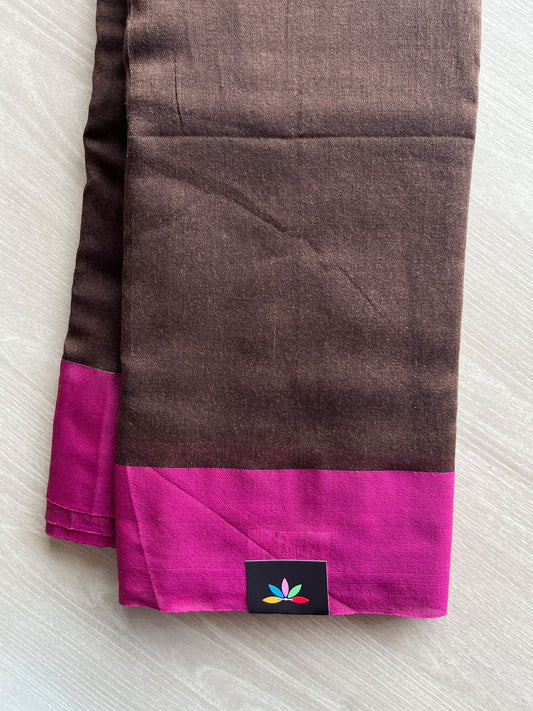 Umber Brown Contrast Border Soft Blended Cotton Saree - 36587-36588