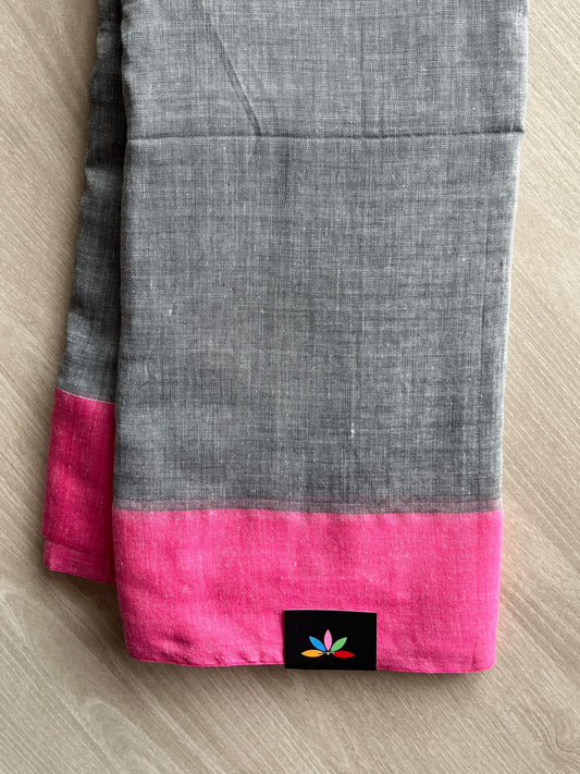 Pewter Grey Contrast Border Soft Blended Cotton Saree - 36591-36592