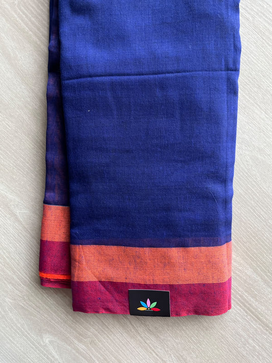 Dark Blue Contrast Border Soft Blended Cotton Saree - 36595-36596