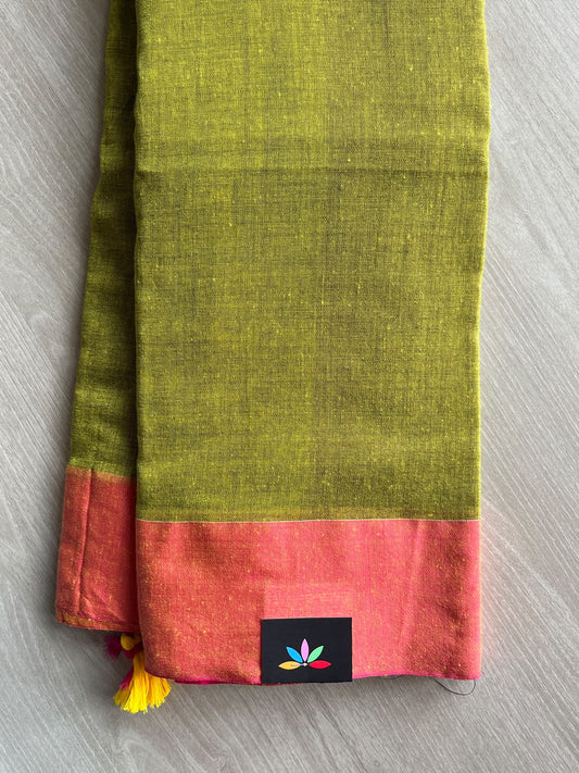 Olive Green Contrast Border Soft Blended Cotton Saree - 36597-36598
