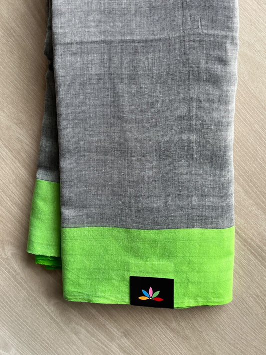 Pewter Grey Contrast Border Soft Blended Cotton Saree - 36599-36600