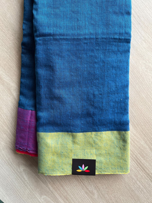 Yale Blue Contrast Border Soft Blended Cotton Saree - 36601-36602