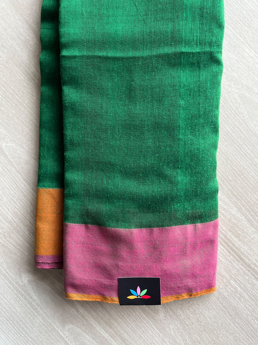 Dark Green Contrast Border Soft Blended Cotton Saree - 36603-36604