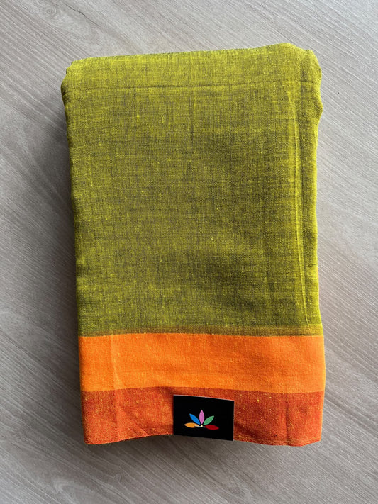 Citron Green Contrast Border Soft Blended Cotton Saree - 36605-36606