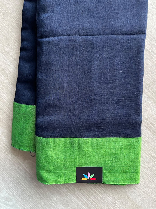 Dark Navy-Blue Contrast Border Soft Blended Cotton Saree - 36613-36614