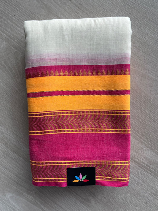 Off-White Contrast Woven Border Soft Cotton Saree (Without Blouse) - 36637-36646