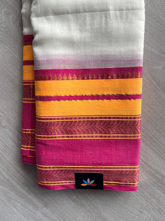 Off-White Contrast Woven Border Soft Cotton Saree (Without Blouse) - 36637-36646