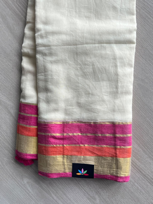 Off-White Contrast Border Soft Cotton Saree - 36648