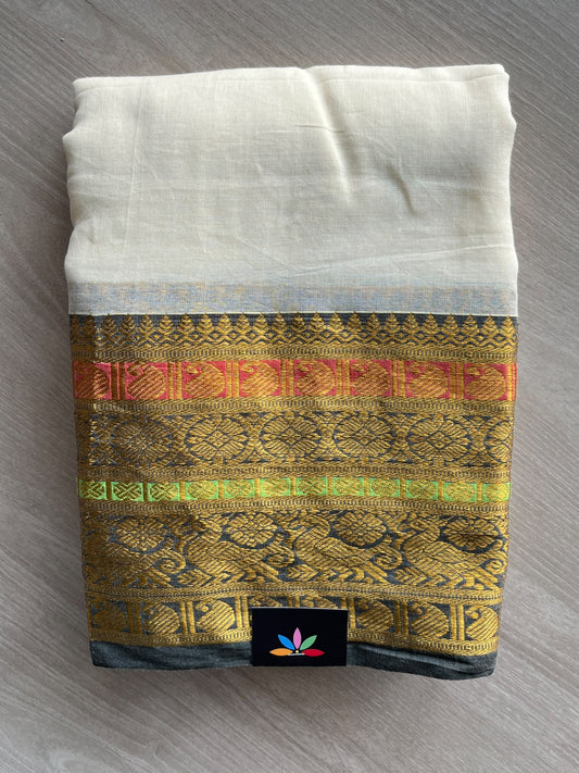 Ivory Contrast Woven Border Soft Cotton Saree - 36669