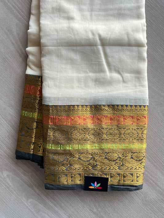 Ivory Contrast Woven Border Soft Cotton Saree - 36669