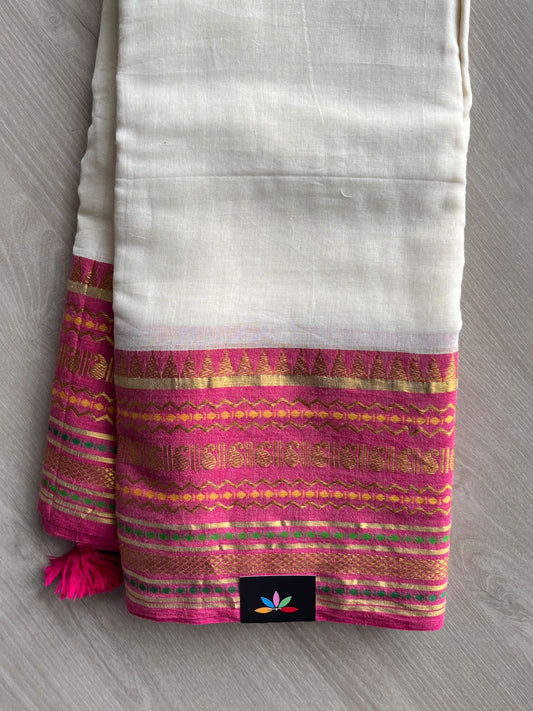 Off-White Contrast Woven Border Soft Cotton Saree - 36670