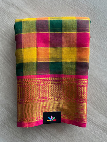 Madras Checks Woven Border Soft Cotton Saree (Without blouse) - 36673
