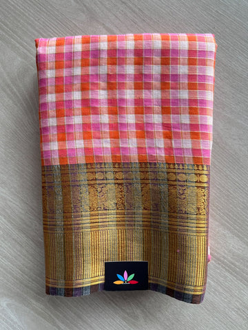 Madras Checks Woven Border Soft Cotton Saree (Without blouse) - 36674