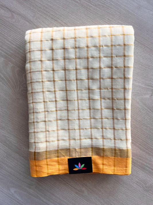 Contrast Border Gold Checks Soft Cotton Saree - 36728-36729