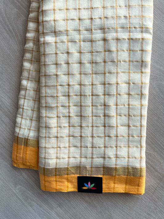 Contrast Border Gold Checks Soft Cotton Saree - 36728-36729