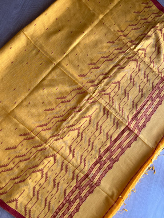 Saffron Yellow Handwoven Cotton Silk Fine Jamdani Saree - 29687