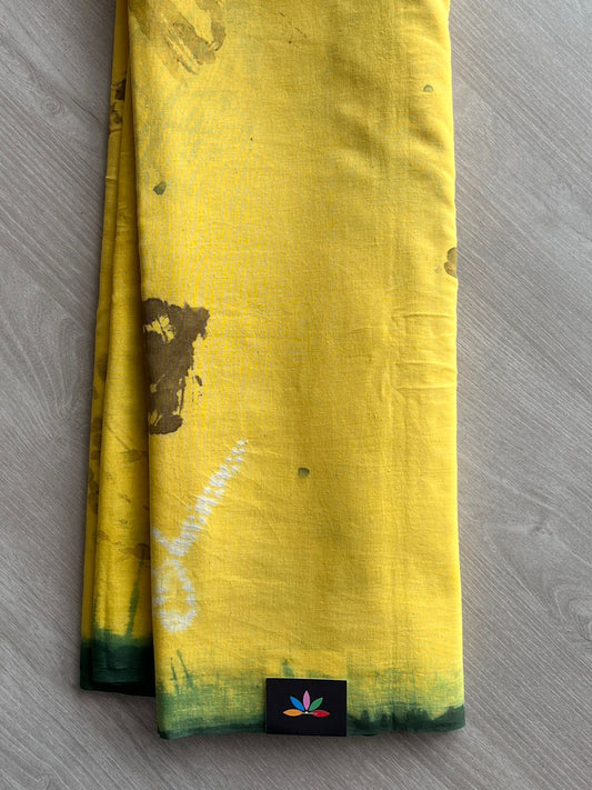 Bright Yellow Eco Print Needle Shibori Handloom Cotton Saree - 33062