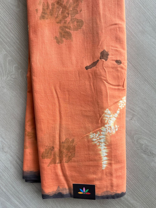 Coral Orange Eco Print Needle Shibori Handloom Cotton Saree - 33063