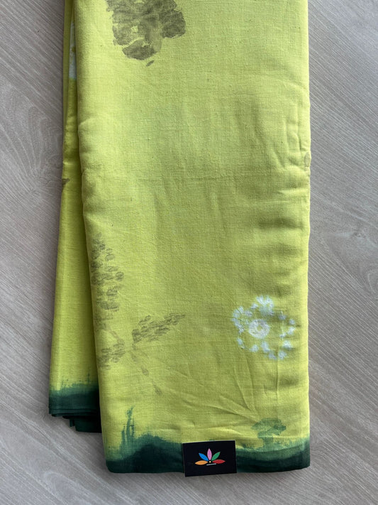 Light Olive Green Eco Print Needle Shibori Handloom Cotton Saree - 33064