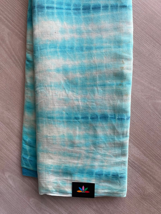 Bright Sky Blue & White Shibori Handcrafted Cotton Saree - 33463