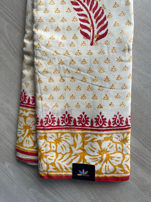 Ivory Handblock Printed Premium Cotton Saree - 35479