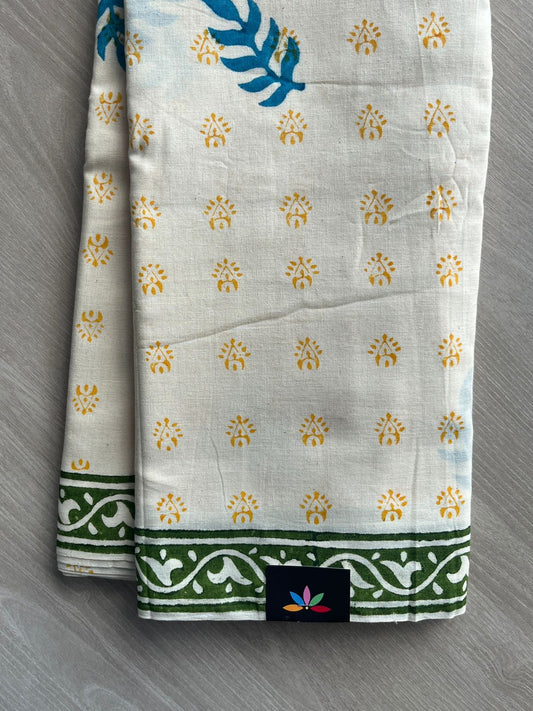Ivory Handblock Printed Premium Cotton Saree - 35480