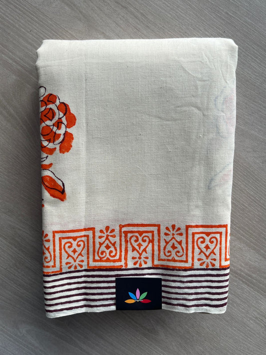 Ivory Handblock Printed Premium Cotton Saree - 35481