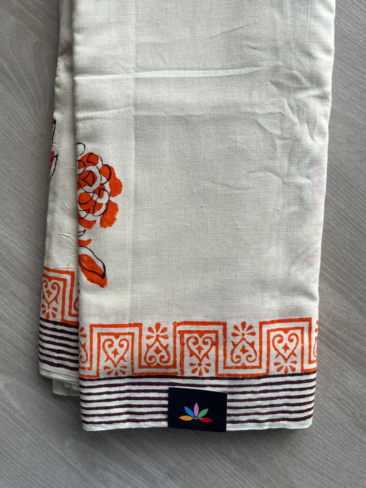 Ivory Handblock Printed Premium Cotton Saree - 35481