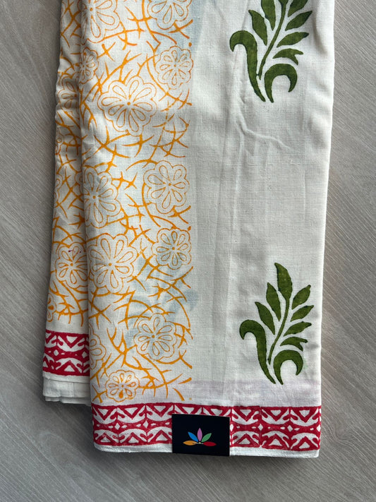 Ivory Handblock Printed Premium Cotton Saree - 35483