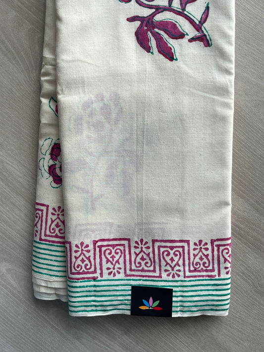 Ivory Handblock Printed Premium Cotton Saree - 35484
