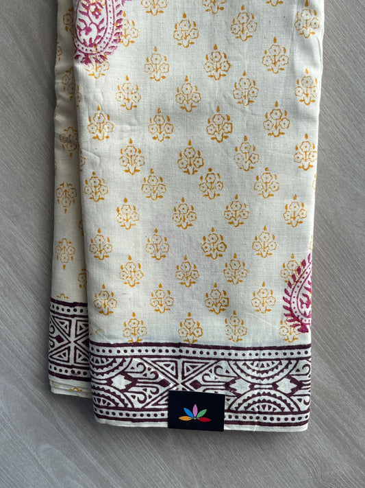Ivory Handblock Printed Premium Cotton Saree - 35485