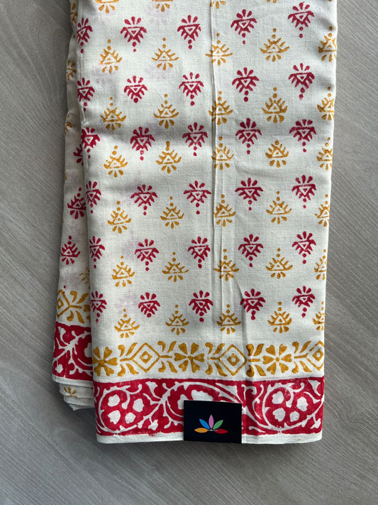 Ivory Handblock Printed Premium Cotton Saree - 35487