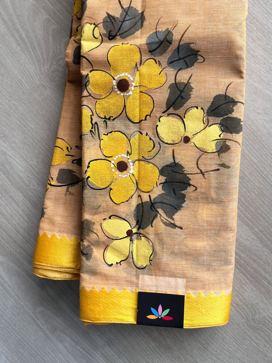 Warm Beige Hand Painted Bengal Cotton Saree (Without Blouse) - 35533
