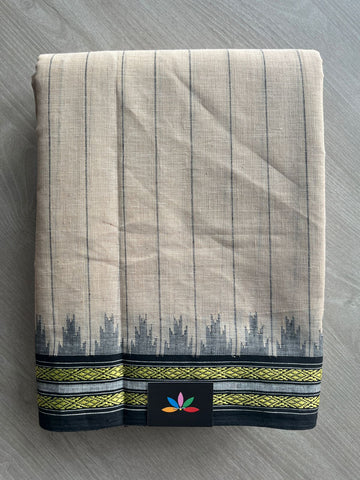 Royal Beige Kuppadam Border Handspun and Handwoven Kora Cotton Saree - 32031