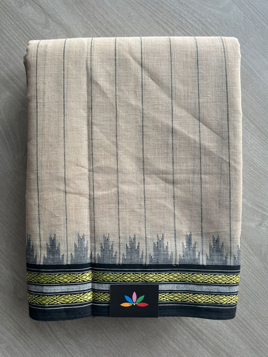 Royal Beige Kuppadam Border Handspun and Handwoven Kora Cotton Saree - 32031