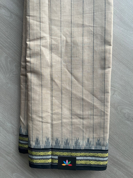 Royal Beige Kuppadam Border Handspun and Handwoven Kora Cotton Saree - 32031