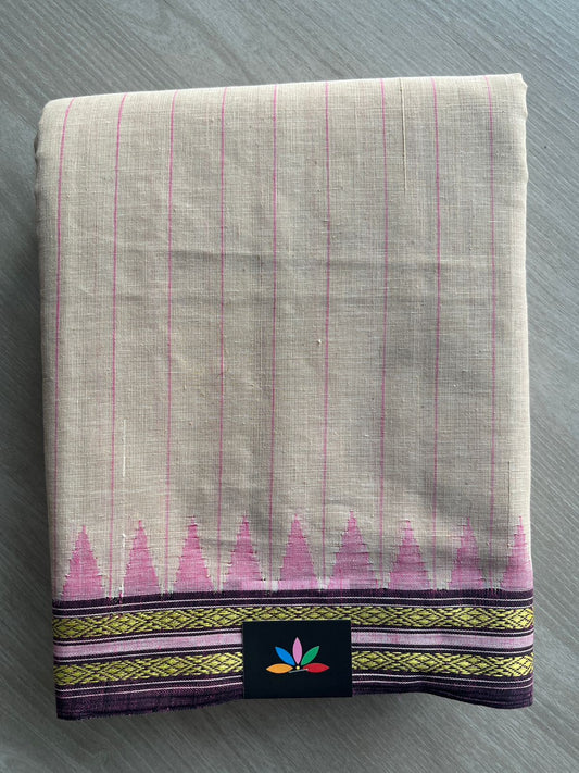 Royal Beige Kuppadam Border Handspun and Handwoven Kora Cotton Saree - 32032