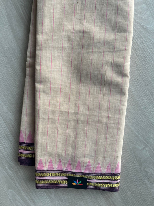 Royal Beige Kuppadam Border Handspun and Handwoven Kora Cotton Saree - 32032