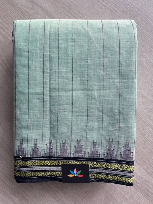 Dusty Green Kuppadam Border Handspun and Handwoven Kora Cotton Saree - 32033