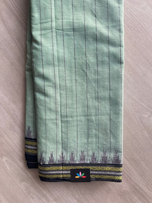 Dusty Green Kuppadam Border Handspun and Handwoven Kora Cotton Saree - 32033