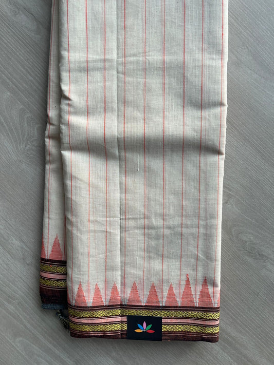 Royal Beige Kuppadam Border Handspun and Handwoven Kora Cotton Saree - 32035