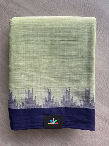Light Neutral Green Handspun Fine Ponduru Cotton with Silk Kuppadam Border Saree - 32038